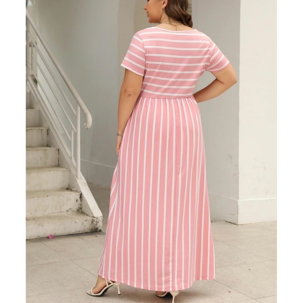 ✨NWOT SHEIN Size XL Striped Long Maxi Dress Pockets Short Sleeve Summer Vaca - Picture 3 of 14